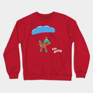 cartoon illustration of skydiving with litlle dinosaur Crewneck Sweatshirt